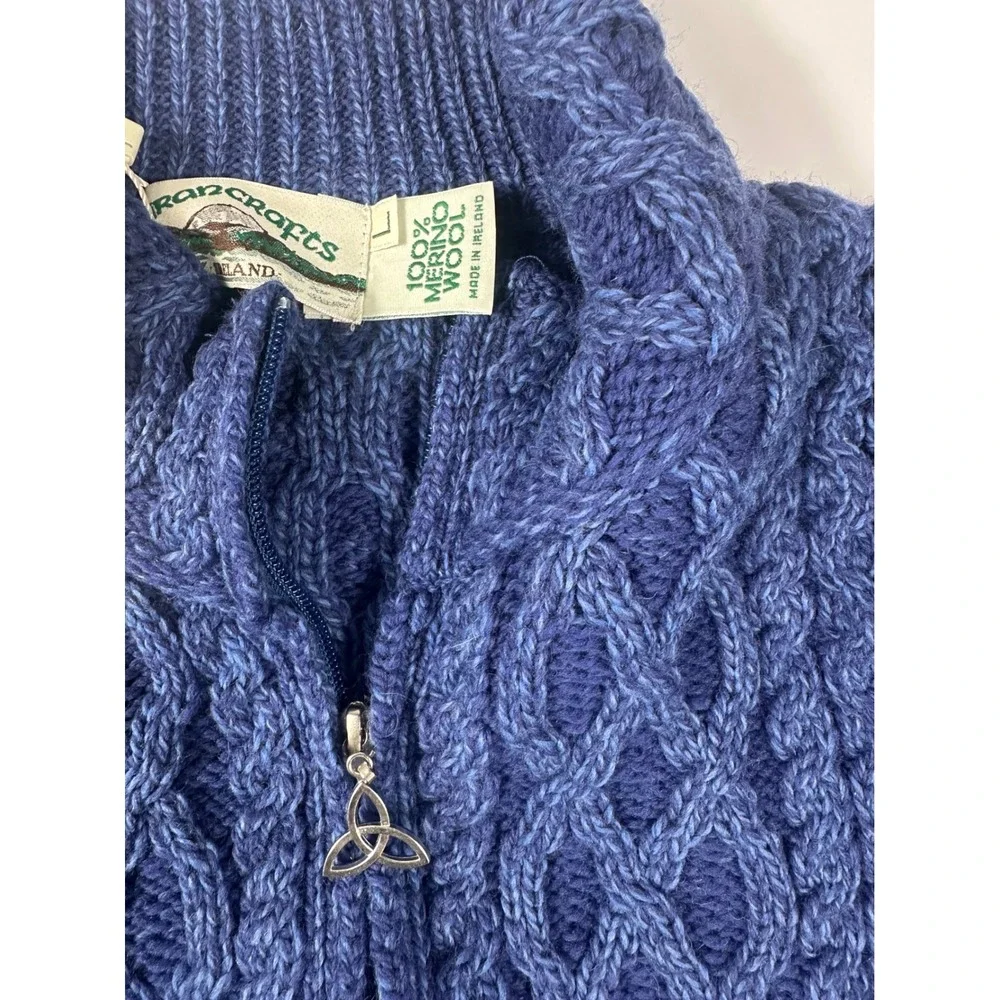 Aran Crafts Merino Wool Plated Zip Cardigan Blue Marl Womens L Made in Ireland - Picture 5 of 9